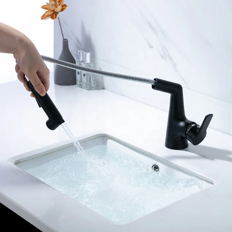 Bathroom Sink Faucet with Pull Out Sprayer Hand Shower Basin Mixer with Two Types of Water Jets