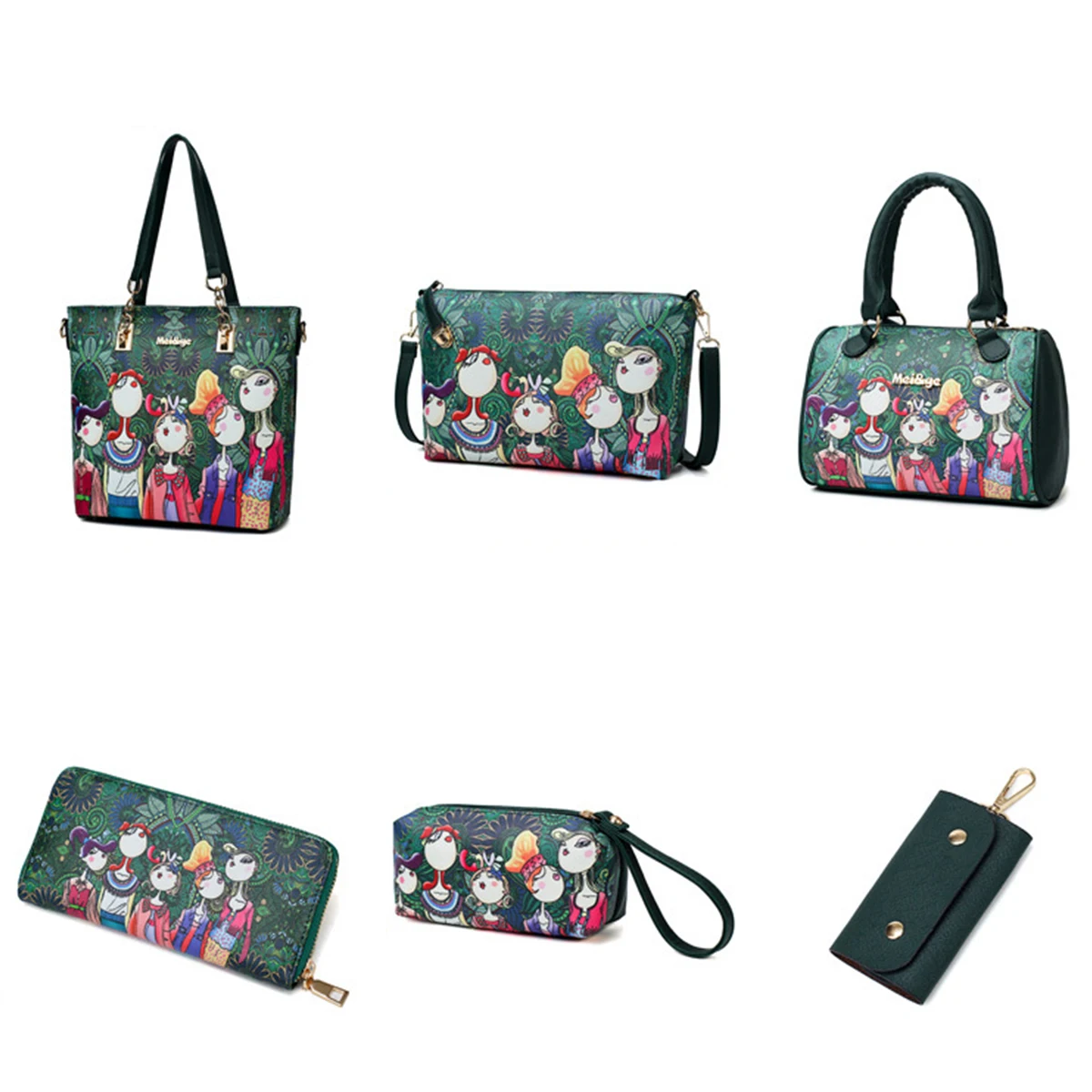 
Custom Special Luxury Green Cup Holder 6PCS Designer Graffiti Elegant Shoulder Purse Ladies Bag Femme Handbag Set For Women 