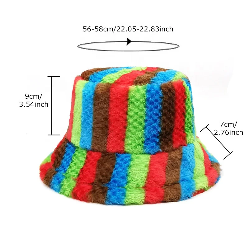 Landfond accessory Rainbow striped rabbit plush fisherman hat women winter thick warm bucket hats