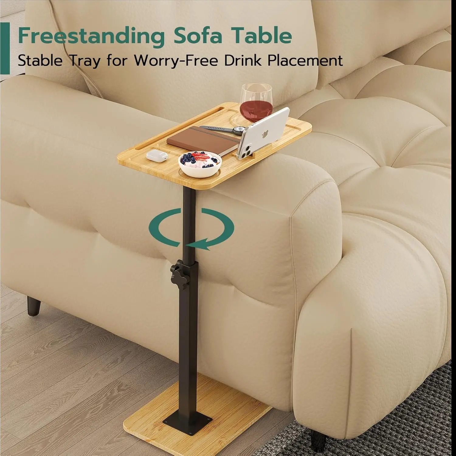Bamboo sofa tray with adjustable rotating mobile phone stand,coffee table adjustable height sofa arm snack TV table service tray