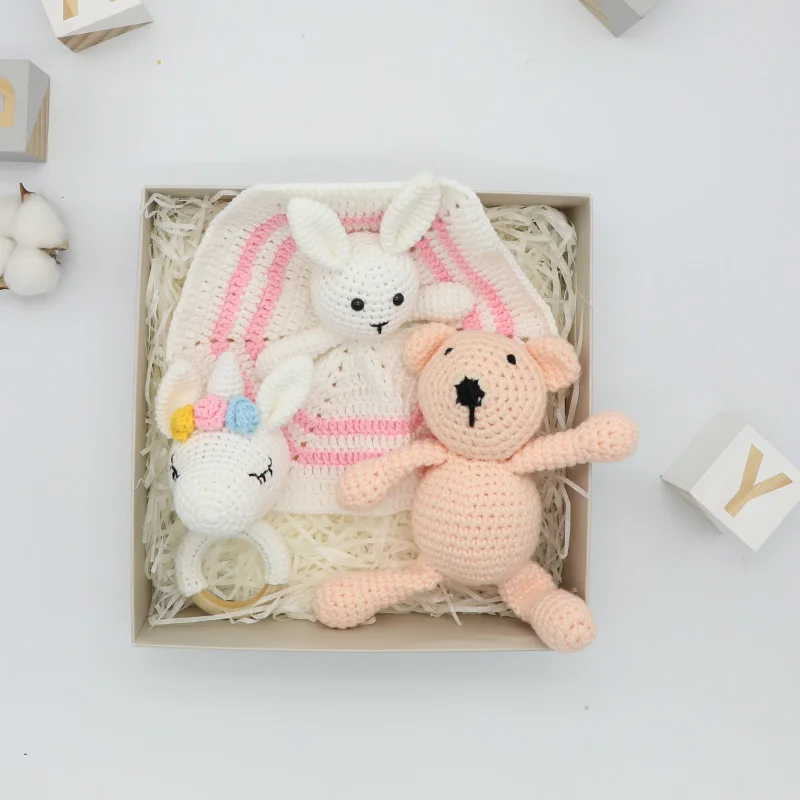 New arrival Moderately priced crochet beige bunny rattle wood crochet teether rattle