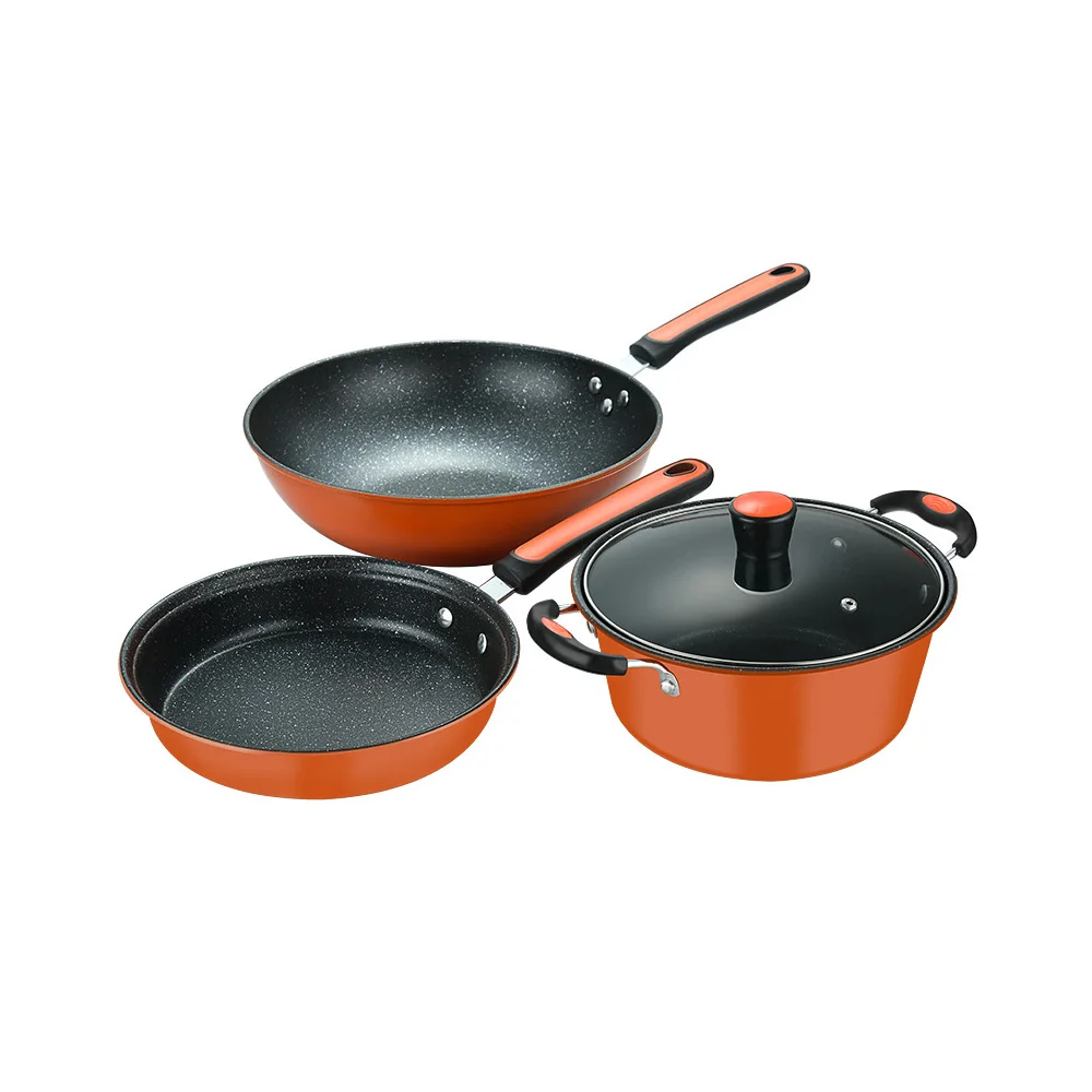 High Quality Red 3 Piece Cookware Set Cast Iron Non stick Soup Pot Coating Cookware Sets Non Stick Frying Fan Set