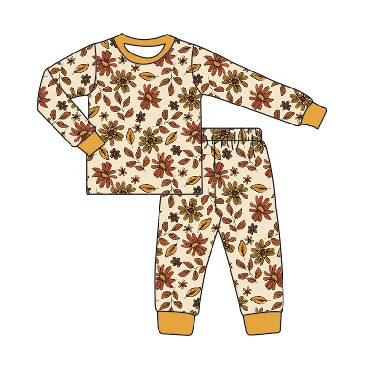 Cute baby outfit children bamboo fiber hazelnut pumpkin print pajama set baby round neck long sleeved two piece set