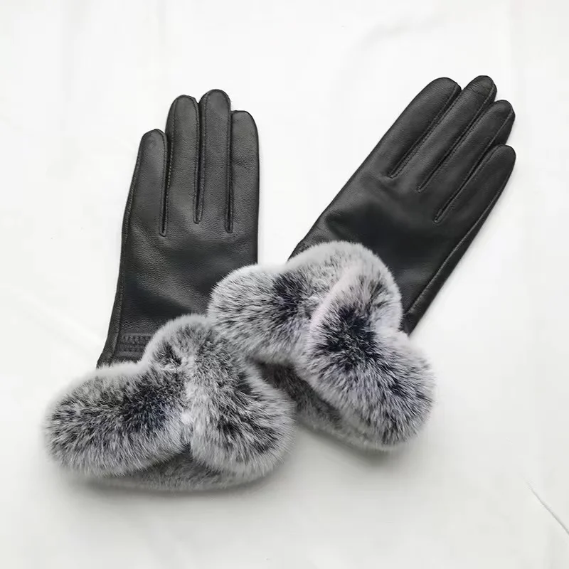 Новая коллекция зимние перчатки из натуральной кожи модные манжеты меха кролика Рекс Женские овечьей шерсти с