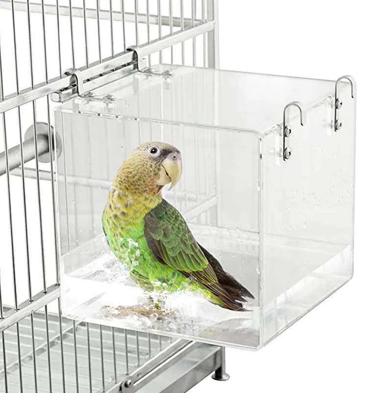 Customized Acrylic Bird Bath Cage with hanging Hooks for Small Bird Parrots Lovebirds