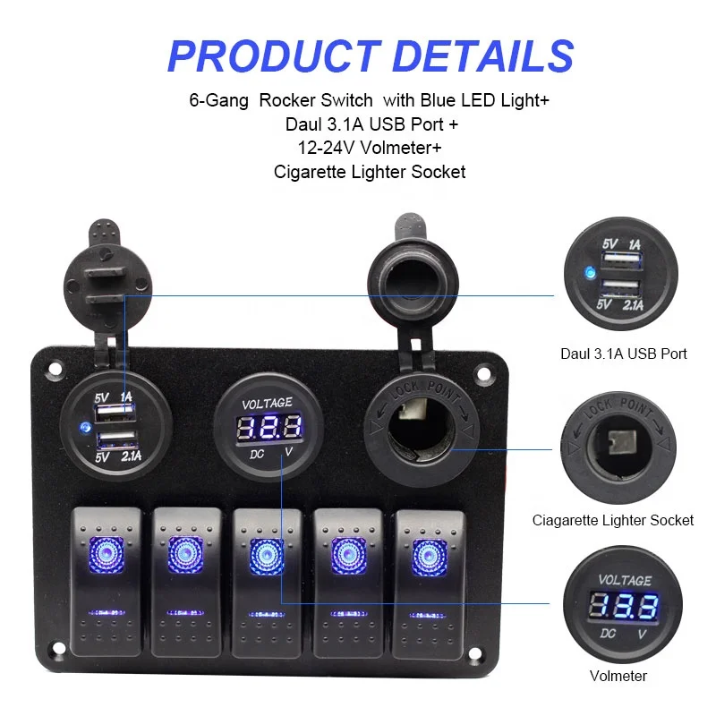 5 Gang Rocker Switch Panel ON Off LED Light Switch with 3.1A USB Digital Voltmeter Cigarette Lighter Socket