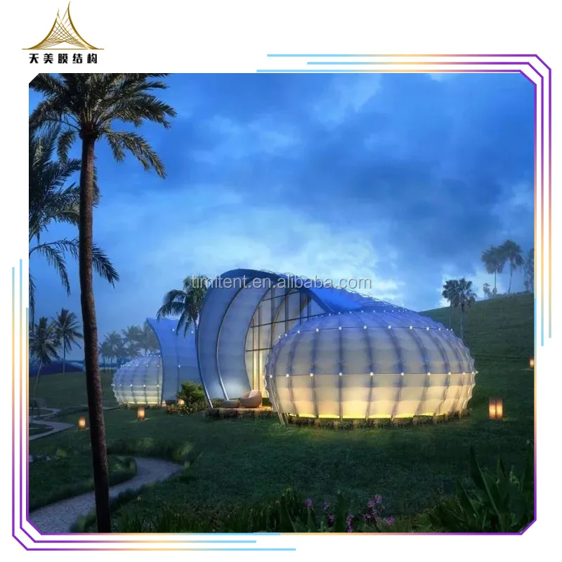 Outdoor prefab house structures pvdf tensile tent membrane structure architecture snail shape luxury glamping tents hotel