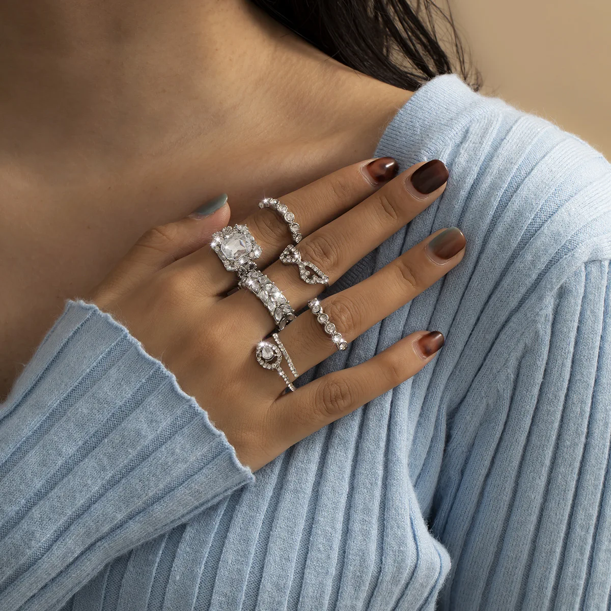  6pcs/set Bohemia Chic Fashion Geometric Waterdrop Crystal Diamond Alloy Finger Ring for Women