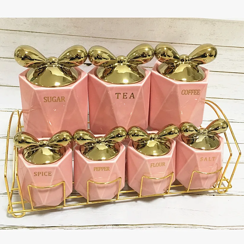 High quality 7Pcs Colors Crown Bowknot Lid Ceramic Sealed Jar Food Coffee Tea Sugar Spice Storage Jar Set