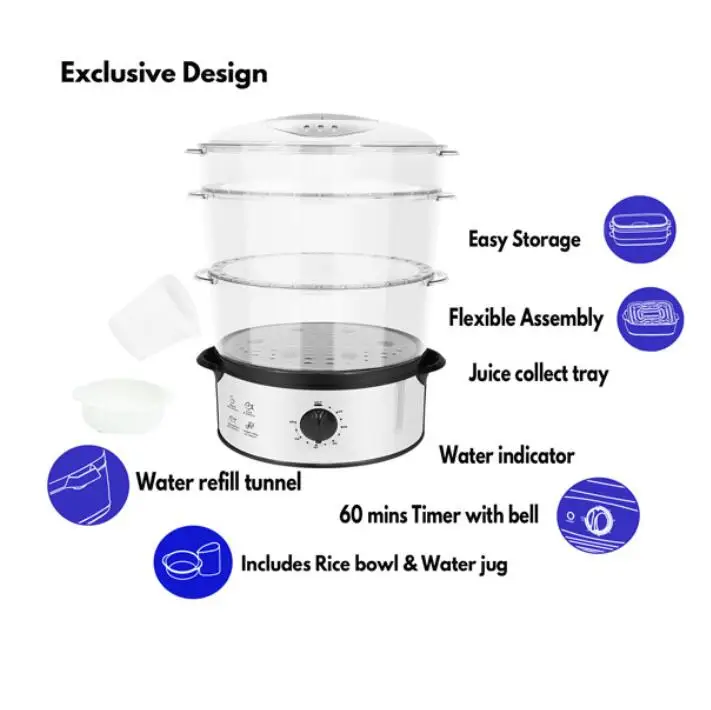 
Chinese mainland 3 layer stainless steel 12L electric home food steamer cooker with bpa free 