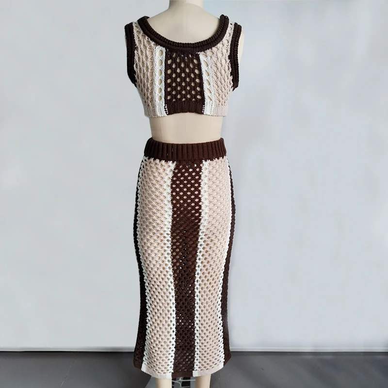 Factory Two Piece Set Women Clothing Hollow Out Skirts Sets For Women Sleeveless Knit Women 2 Pieces Sets