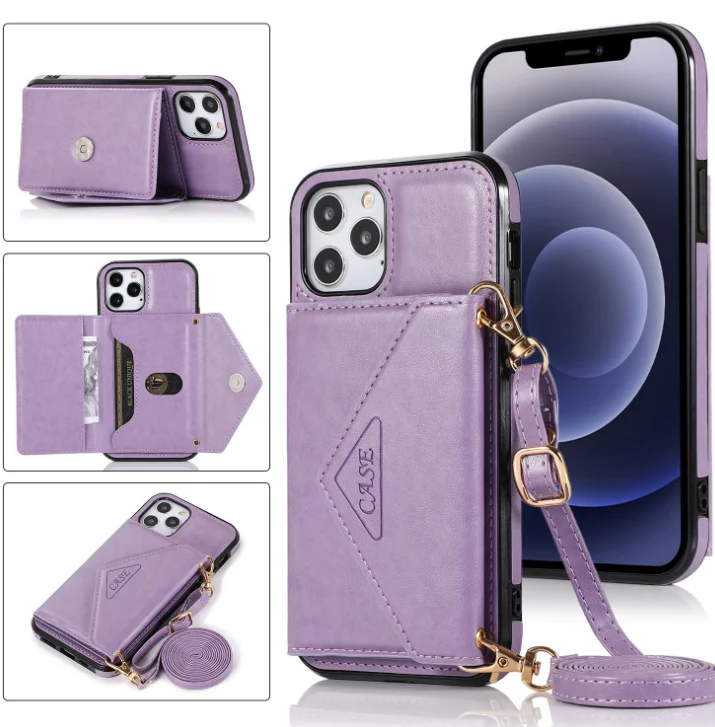 
customized wallet lanyard For iPhone sublimation waterproof crossbody phone bag leather phone case with card holder 