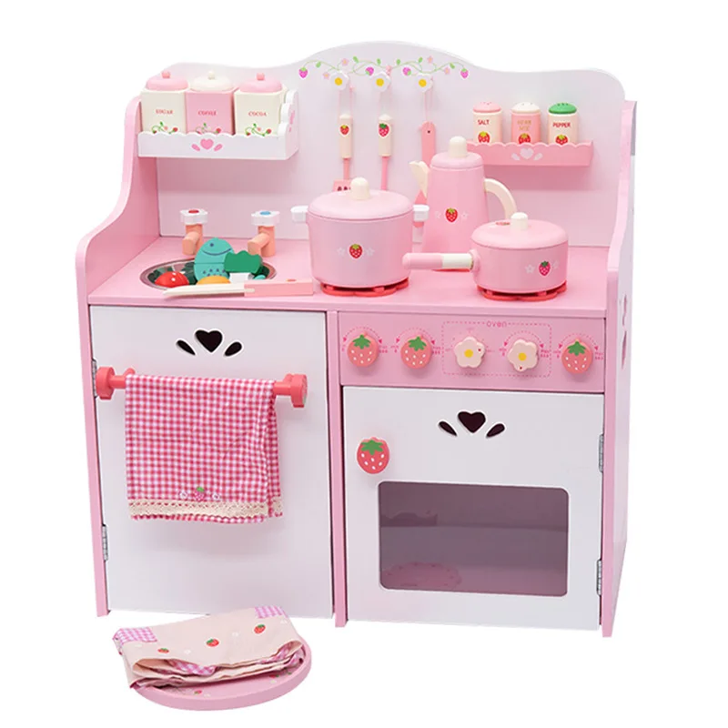 Pink Cooktop Girls Kids Furniture Pine wood Kitchen utensils game set kid role playing game set