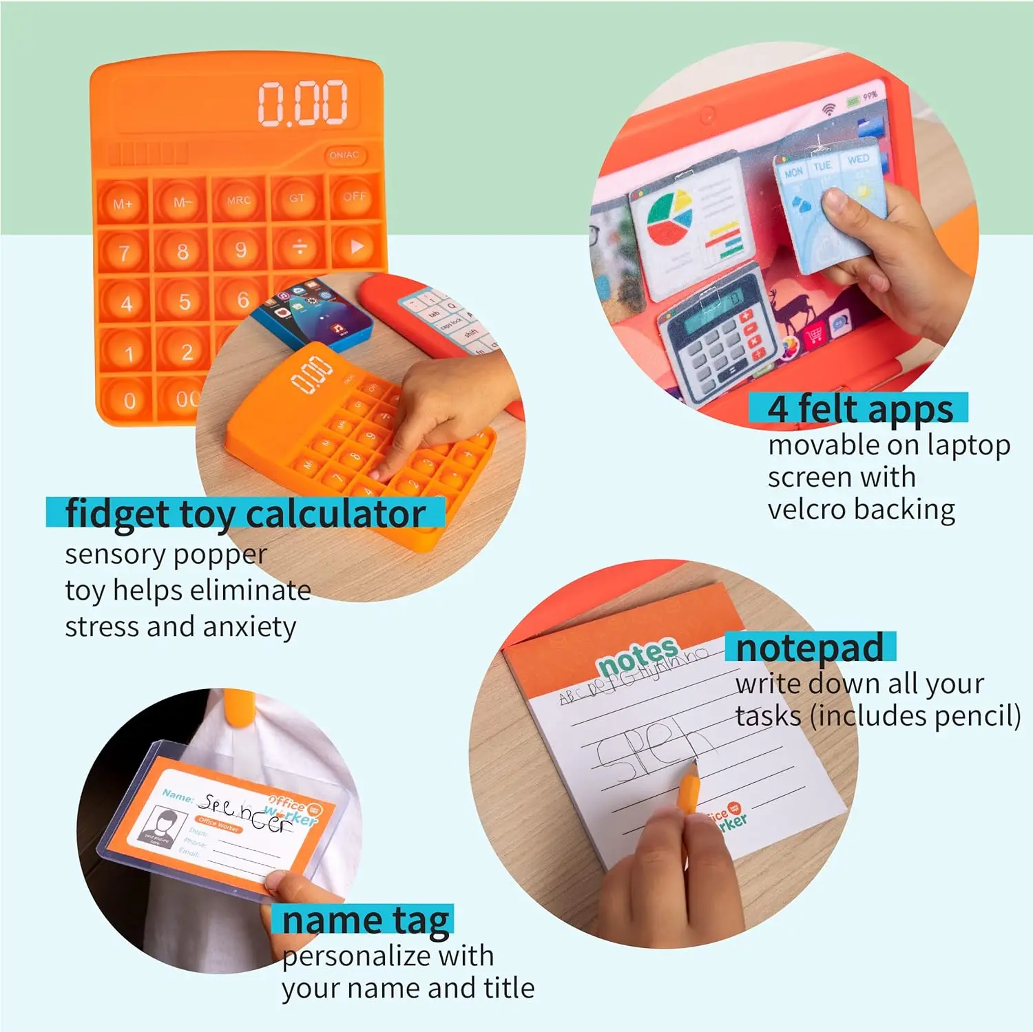 Pretend play office Set toy,educational laptop toys for kids with Phone w/LED Lights & Sounds, Calculator Pop It & Headset