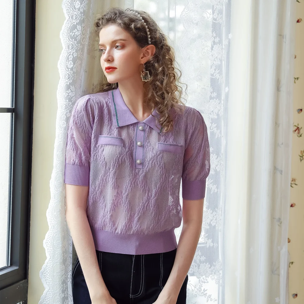 Womens Short Sleeve Knitted Blouse Mesh Baggy Casual Purple Contrast Turndown Colla Pullover Tops
