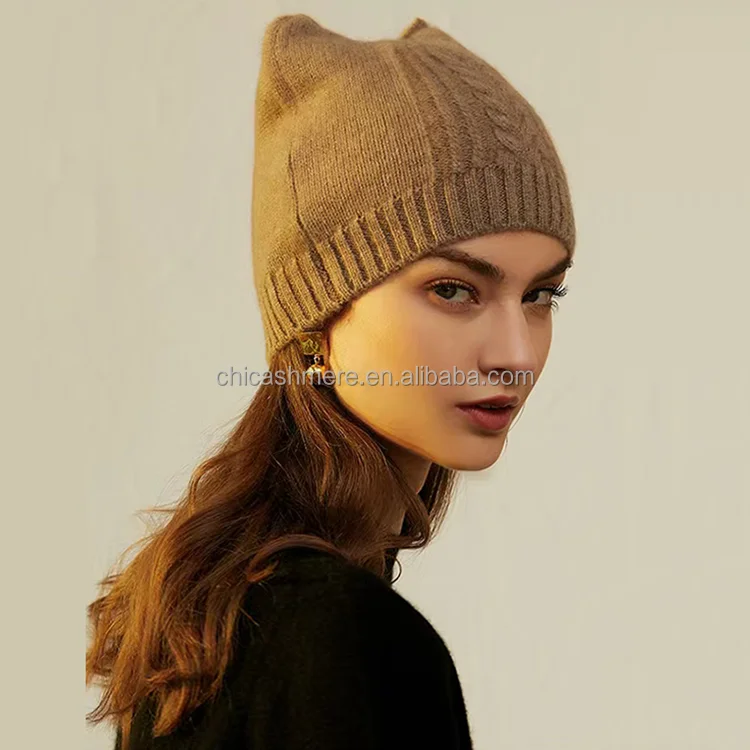 Прямая кашемировая фабрика, Женская Вязаная Шапка-бини с кошачьими ушками 3D для маленьких девочек из чистого кашемира, Шапка-бини из шерсти мериноса в рубчик
