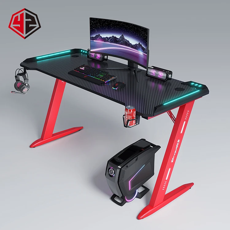 Yz China Manufacturer Wholesale Computer Gaming Gamer Table A Shaped Legs Adjustable Rgb Lights Standing Pc Gaming Desk glass
