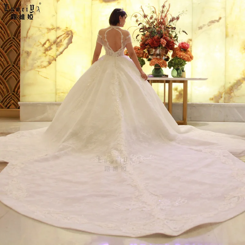 Long Train Wedding Gown Luxury Beading Lace Tassel Short Sleeves Bridal Ball Wedding Gowns Handmade Mother Of The Bride Gowns