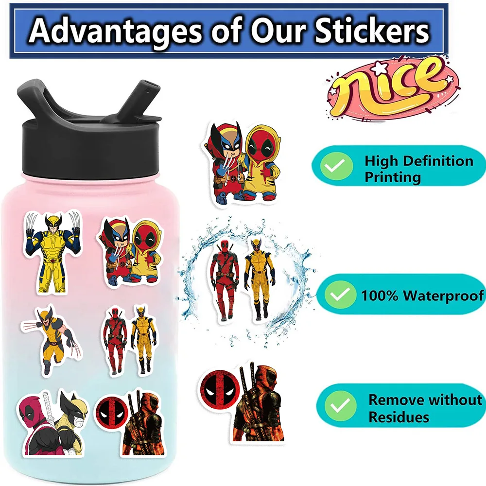 50 Pcs Cartoon Deadpool and Wolverine Graffiti Stickers Guitar Notebook Luggage DIY Waterproof Stickers for kids