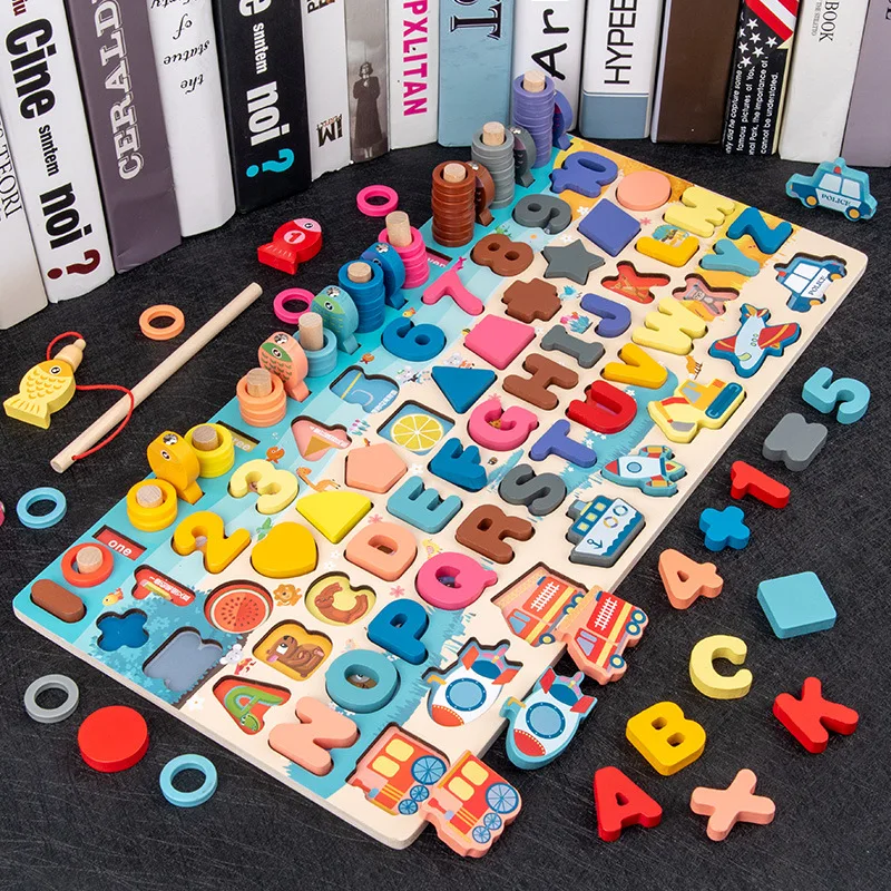 Wooden Number Puzzle Sorting Toys Toddlers Shape Sorter Counting Game Kids Preschool Education Math Stacking Block Jigsaw