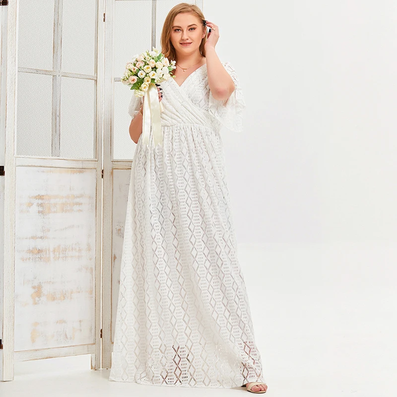 2022 Summer Women Elegant White Lace Long Dress Plus Size Modest Wedding Dress Casual Party Dress