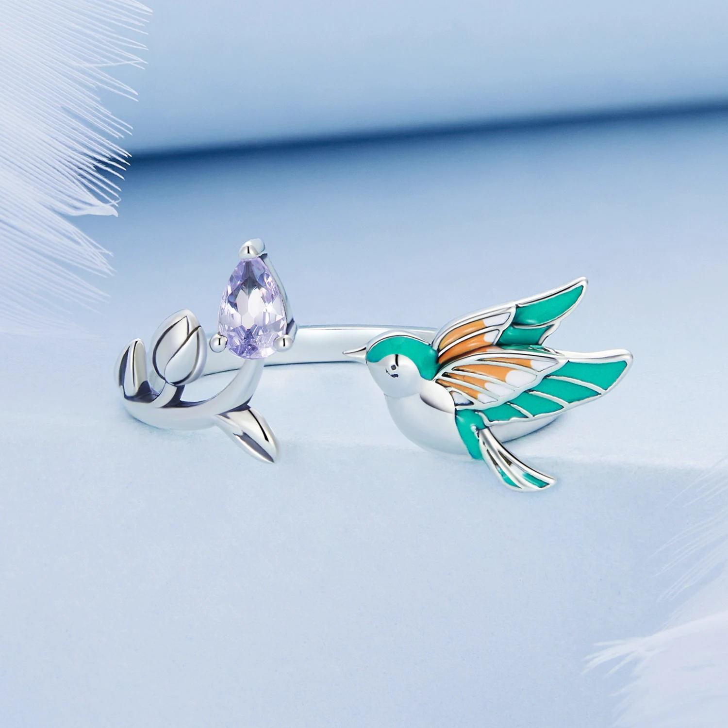 Summer Climber Crawler Bird Fashion Floral Ring 925 Sterling Silver Adjustable Open Ring for Women