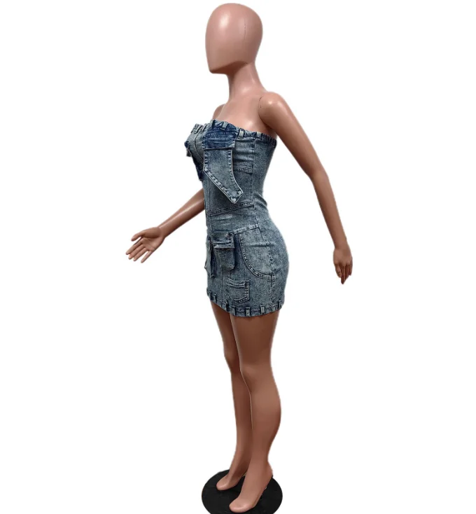 New STOCK Multi Pockets Denim Short Dresses Sexy Women Strapless Elegant Blue Jeans Casual Mini Dress