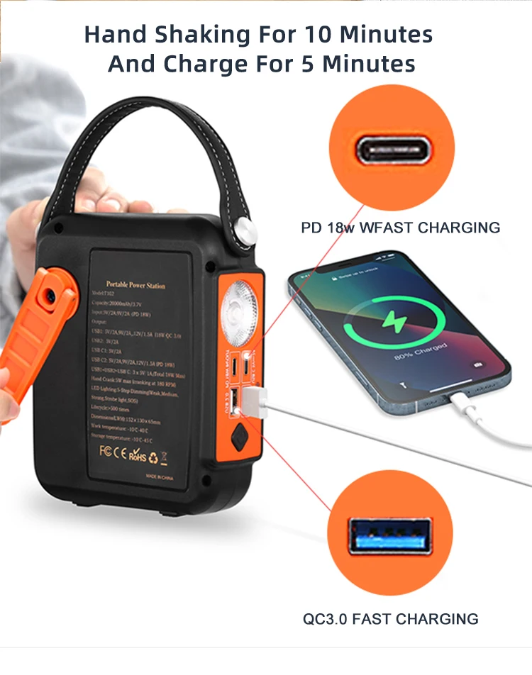 outdoor portable large capacity 20000Mah power bank PD fast charge Hand crank emergency