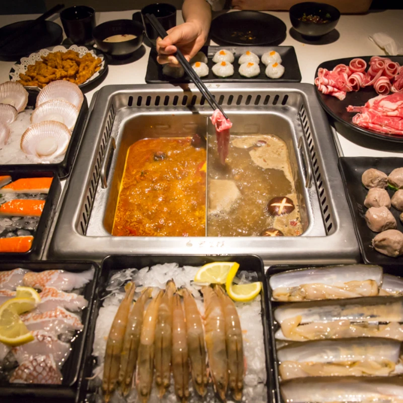 Lift-able commercial smokeless hot pot table wooden table top for restaurant