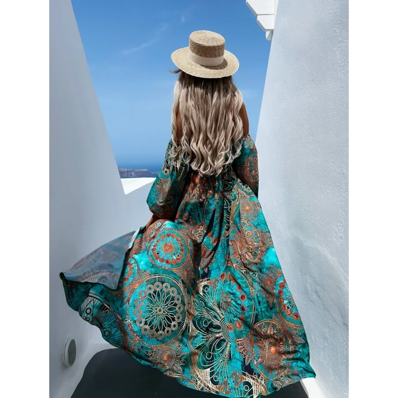 Slash Neck Off Shoulder Beach Dress Vintage Print Waisted Dress Bikini Cover-Ups Elegant Backless Long Sleeves Dress Cover-Ups