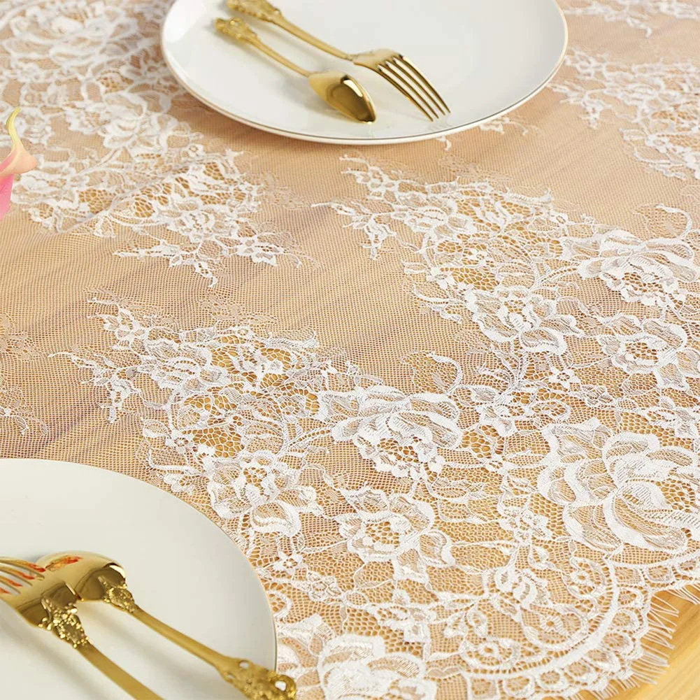 75x300cm Luxury White Overlay Floral Decor Vintage Lace Table Runner For Wedding Bridal Shower Party