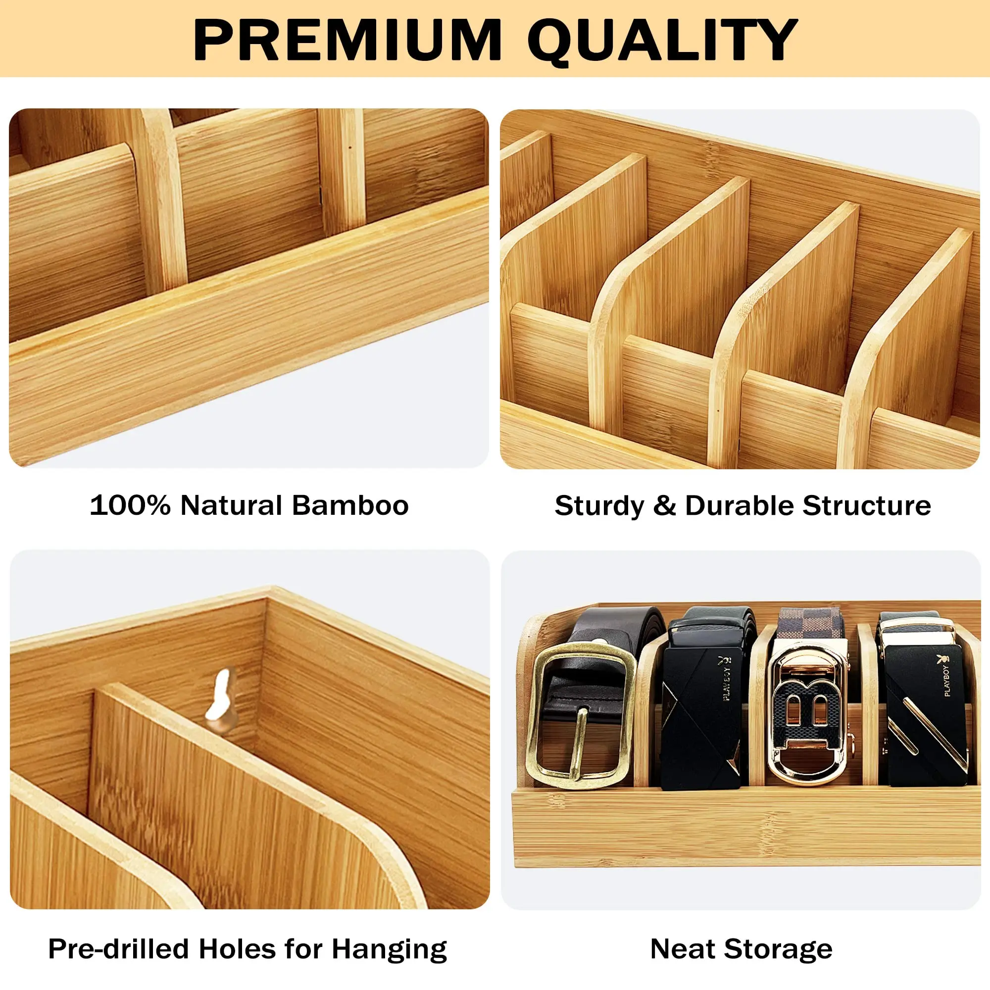 Bamboo Belt Organizer Box 6 Slot Belt Storage Rack Organizer for Closet and Drawer Belt Display Organizer for Men Women