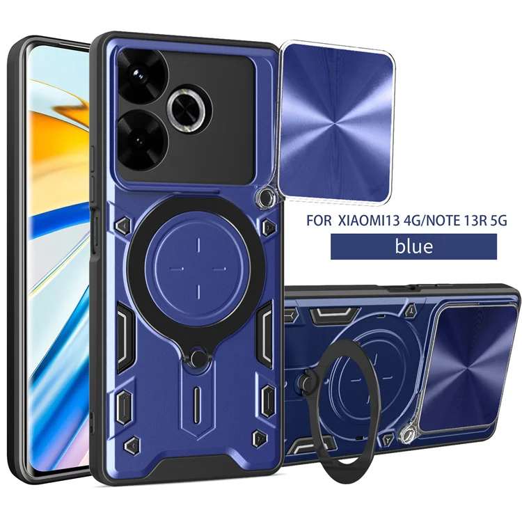 Armor Magnetic Ring Stand Phone Case Slide Window Camera Lens Protection Cover For Redmi 13/Note 13R/Poco M6 4G