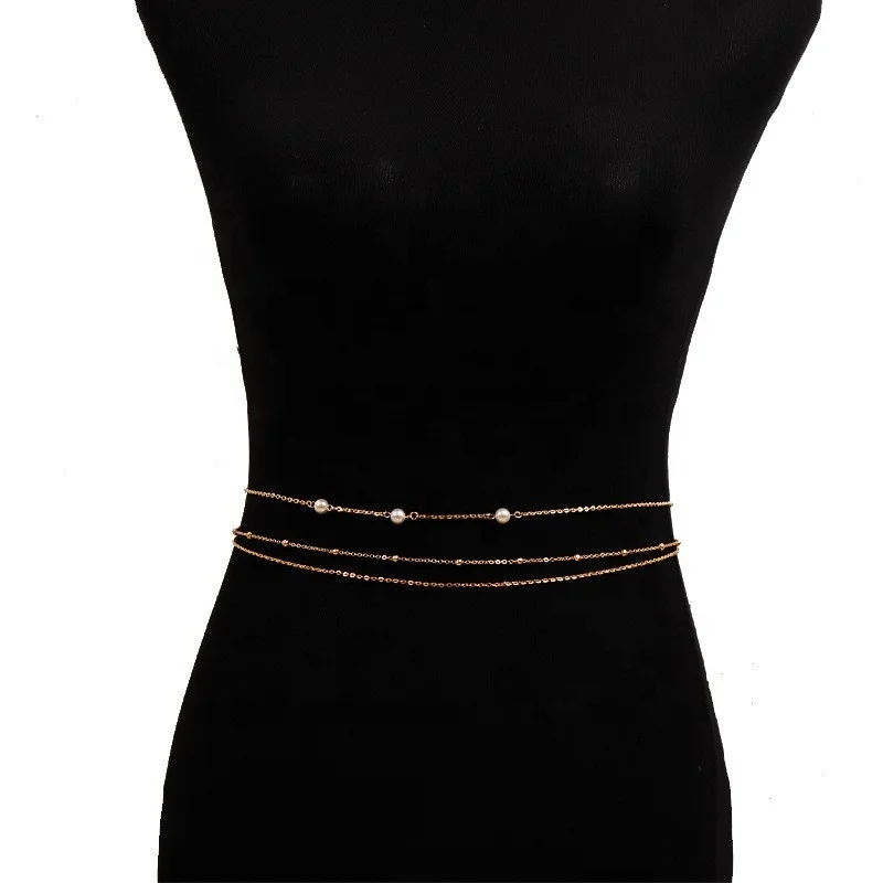 Fashion imitation pearl temperament multi-layer waist chain female simple bead fine chain body chain skirt dress accessories