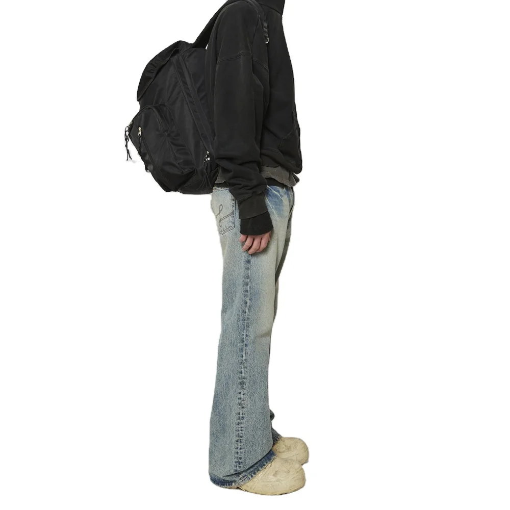 Custom Mens Vintage Indigo Stone Enzyme Wash Distressed Pockets Hem Denim Jeans Vintage Bootcut Jean