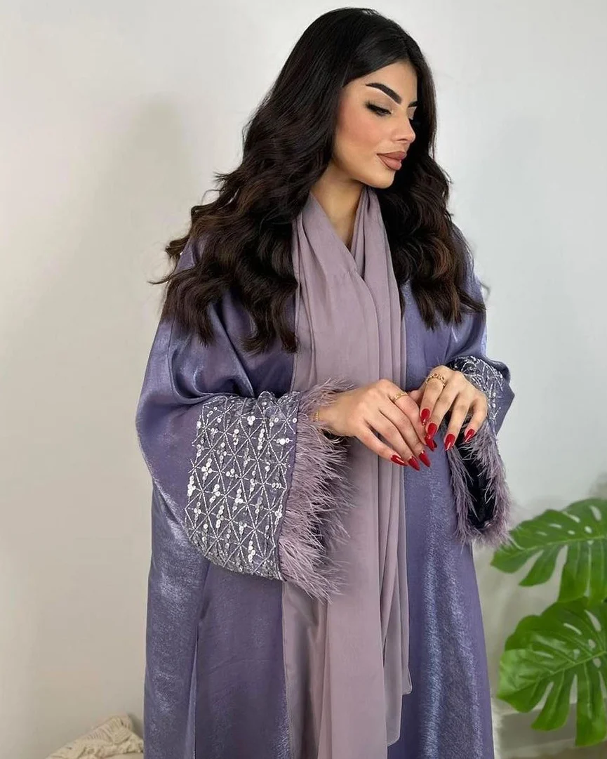 2 Piece Middle east Dubai Gulf Ramadan Shiny Luxury Embroidery Islamic Muslim Feather Abaya With Hijab