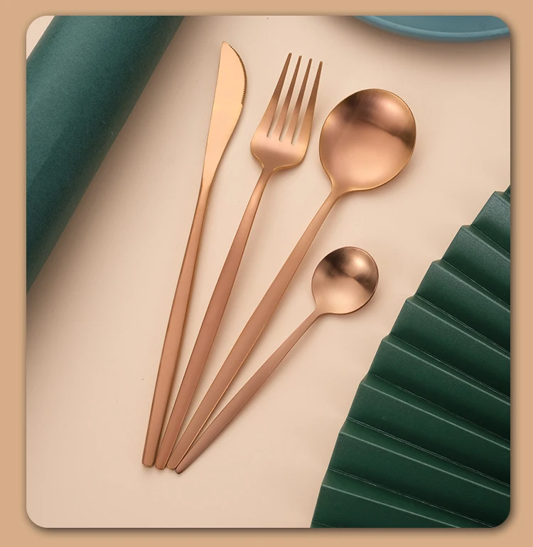 Luxury Flatware Portuguese Cutlery 4 Pcs Set Gold  Stainless Steel Matt Polish Plated Spoon Fork and Knife Silverware