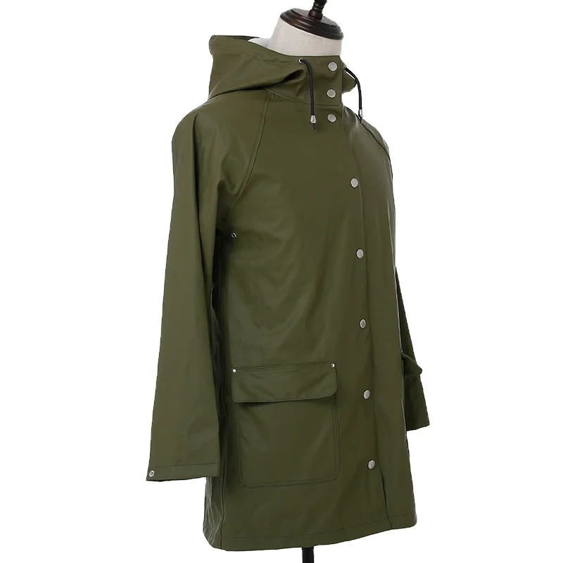 Wholesale Custom Green Lightweight Hooded PU Waterproof Windproof Rain Jacket Trench Outdoor Rain Coat