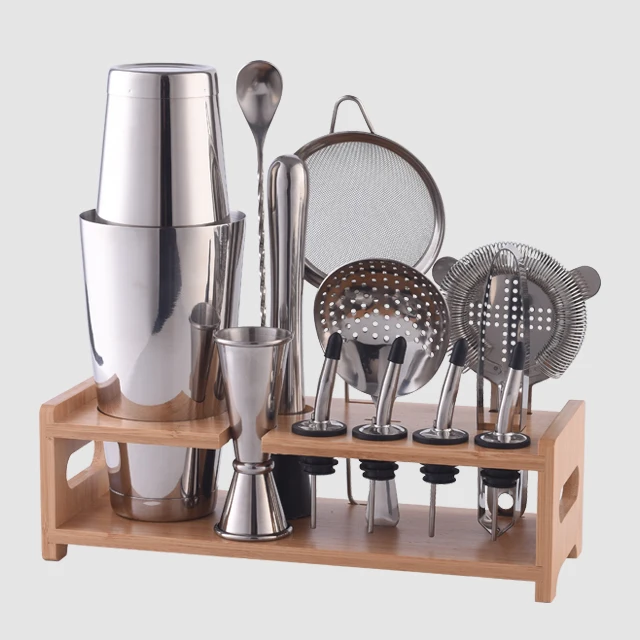 
Factory Direct 13 pieces 28oz stainless steel boston cocktail shaker set bartender kit with stand 