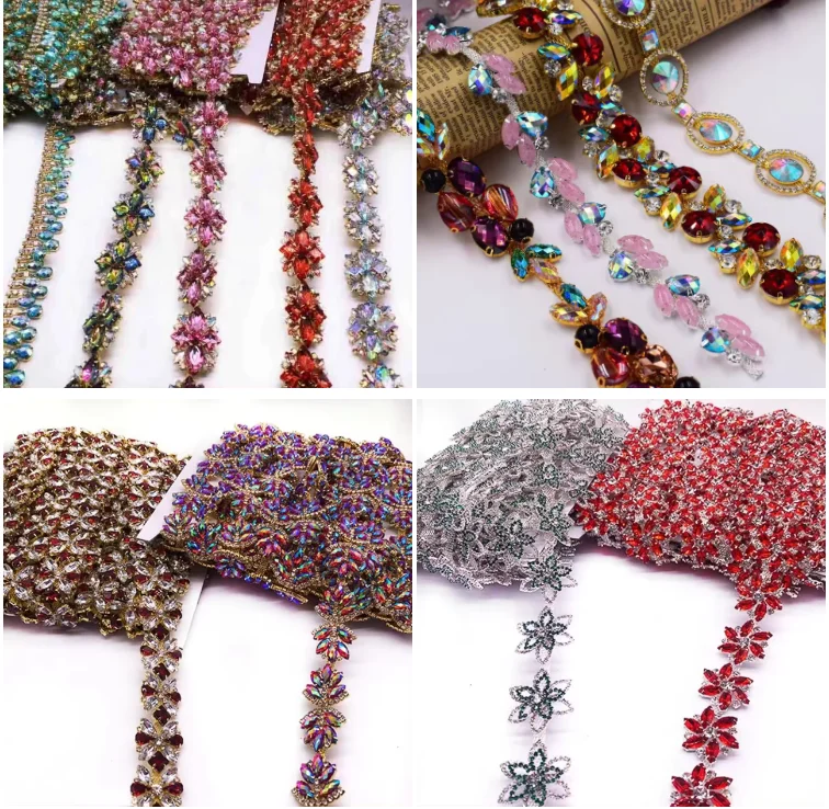 Wholesale Sew-On Rhinestone Cup Chain Strass Roll Trim with Glass Beads for Shoes and Bags Decoration rhinestone chain
