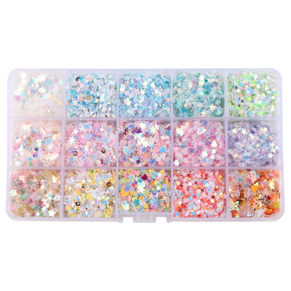 Nail Art Heart Glitter 15 Styles Holographic Sparky Mixed Star & Hollow Heart Shaped Acrylic Nail Decoration Eye Nail Sequins