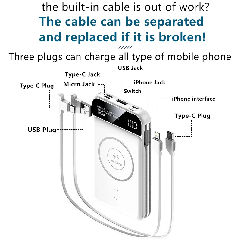 Hot sale Portable External Battery Pack Wireless Charger pal 10000mAh Power Bank Mini Charging Treasure Fast Charger Powerbank