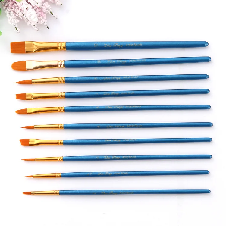 
10 Pcs Nylon Hair Wood Handle Painting Brush Set For Watercolor & Oil Paint 
