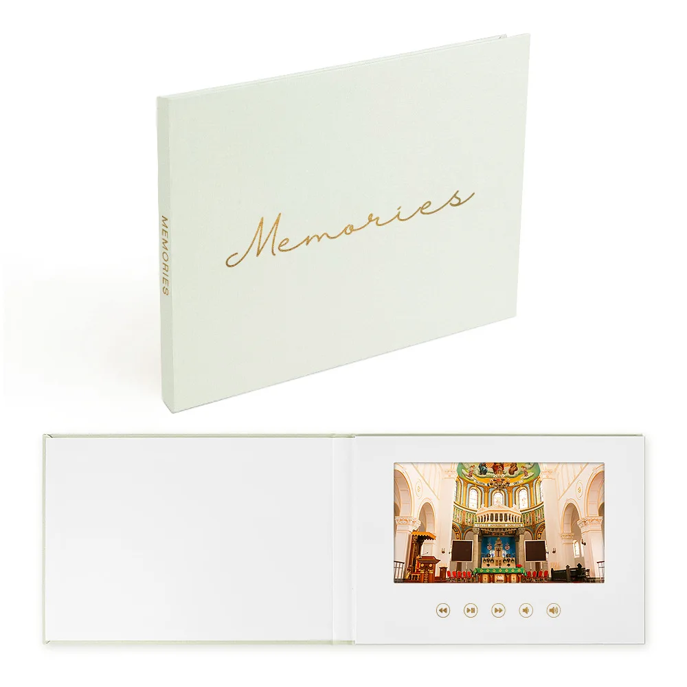 New Design Luxury Custom Wedding Invitation Card 7 Inch Linens Hardcover Wedding Video Brochure Gold Leaf Video Memory Book