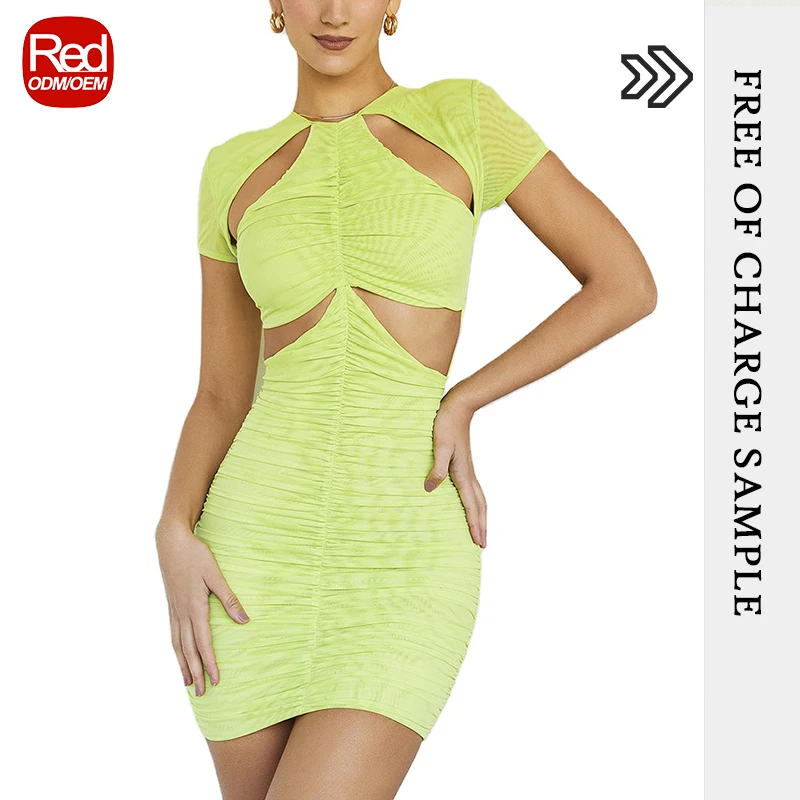 RedHK Custom High Quality New Arrives Lady New Mesh Ruched Dresses geo print cutout back ruched shirt bodycon cut out dress