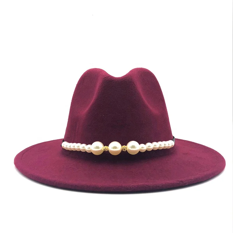New Felt Hat Women Fedora Hats with Pearls Belt Caps 100% Wool Custom Logo Custom Color 100%cotton Tactical Cap