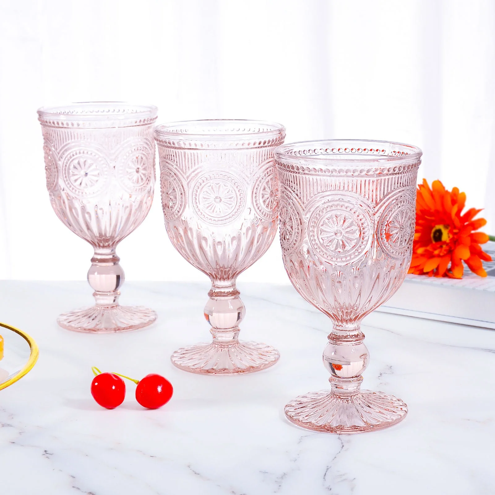 Samyo Wholesale Crystal Relief Pink Blue Orange Solid Glass Water Goblets Custom Logo Vintage Embossed Red Wine Glasses