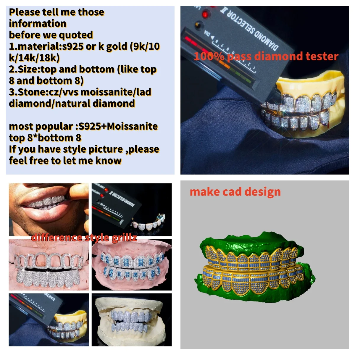 VVS Invisible Setting Diamond Teeth Top & Bottom Princess Cut 10k Gold s925 Silver Iced Out Moissanite Grillz Fine Jewelry