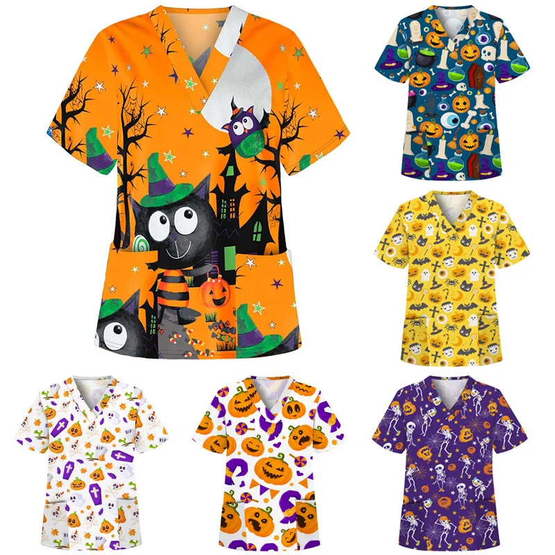 Cartoon Medical Uniforms Halloween Scrub Uniform Women Hospital Scrubs Top V Neck Nursing Shirt Short Dental Clinic Uniforms