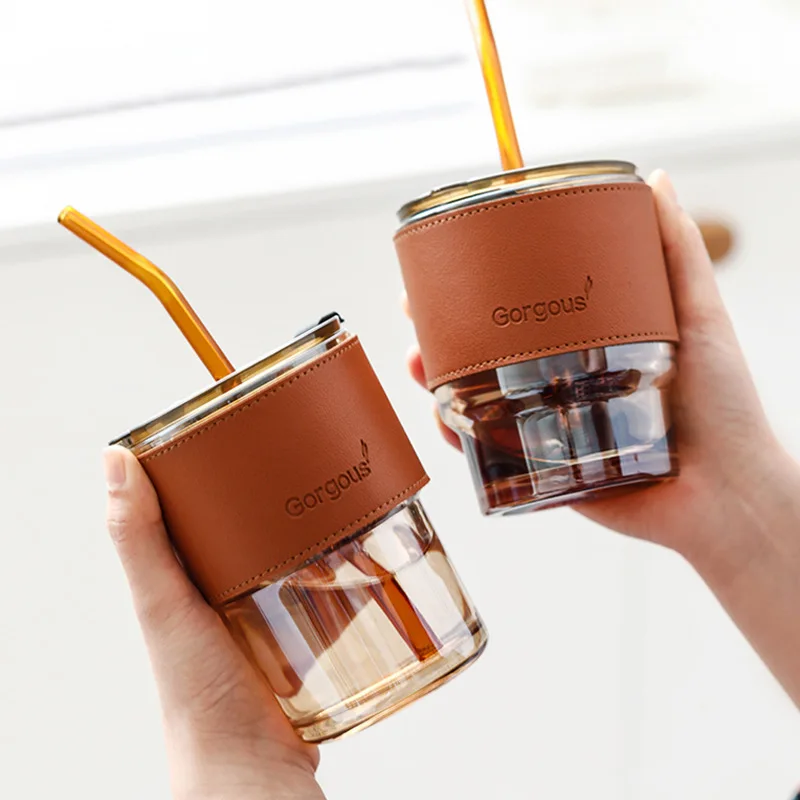 450ML Glass Coffee Cup With Lid And Straw Drinking Glass Tea Mug With Straw
